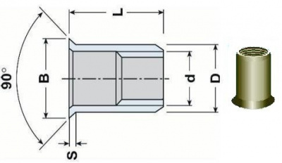 nitovacie matice OTVORENÁ M6x17 Al-hliník zapustená velká hladka hlava, hladký driek (s= 4.0-6.0 mm)