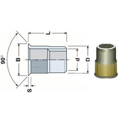 nitovacie matica OTVORENÁ M6x17 ZINOK zapustená velká hladká hlava, ryhovaný driek (s= 1.5-4.0 mm)